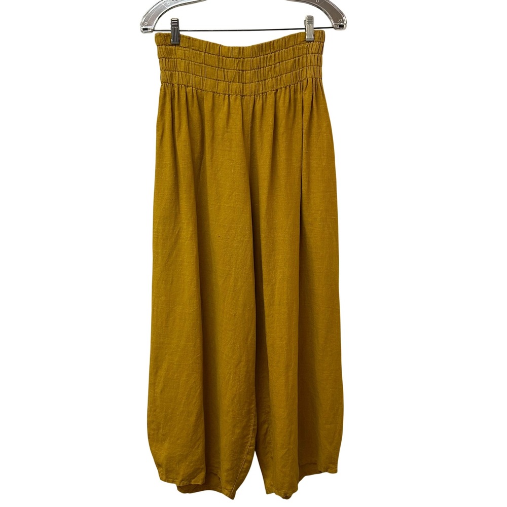 Yuvita Womens Mustard Yellow 100% Linen Smocked Waist Harem Pants Large 3335 A